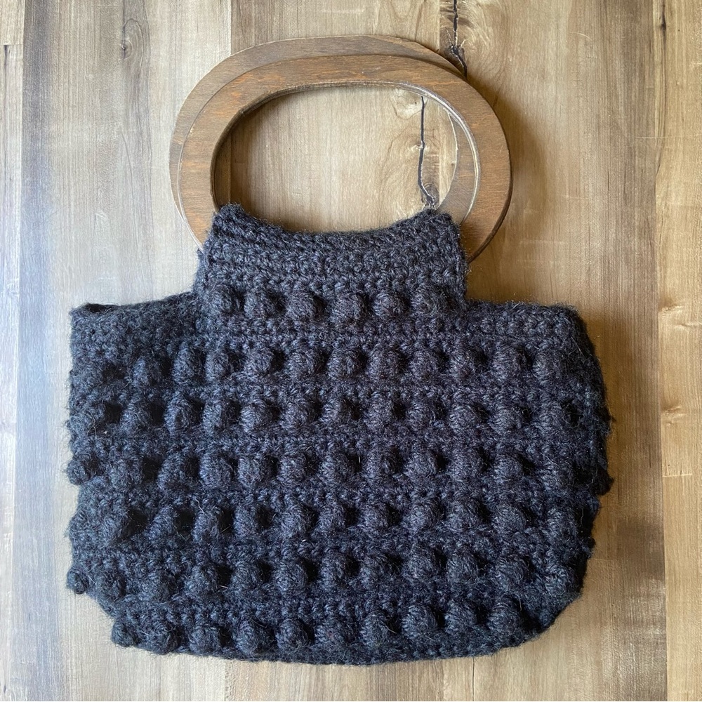Vintage handmade black crochet wood handle bag
